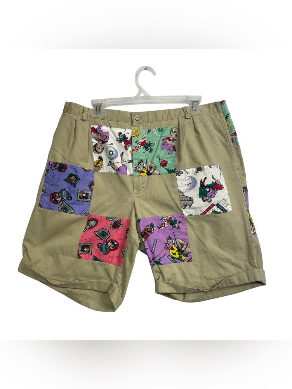 PatchIt Golf Print Patchwork Khaki Cotton Shorts Size Large Funky Retro - Picture 3 of 14